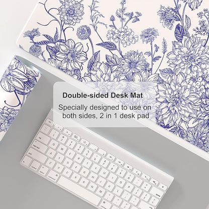 Colorful Star Large Mouse Pad, Floral Desk Mat Office Supplies, Waterproof Faux Leather Big Gaming Mousepad for Women Girls, Vintage Blue Flowers Desk Pad Home Office Décor Accessories 31.5" x 15.7"