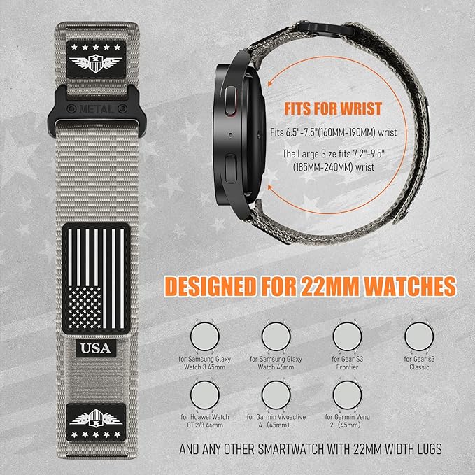 22mm Band Compatible with Samsung Galaxy Watch 3 Band 45mm/Galaxy Watch 46mm/Gear S3 Frontier/Classic for Men,Rugged Fabric Nylon Strap for Garmin Venu 3 2/Vivoactive 4/Forerunner 265/255,S