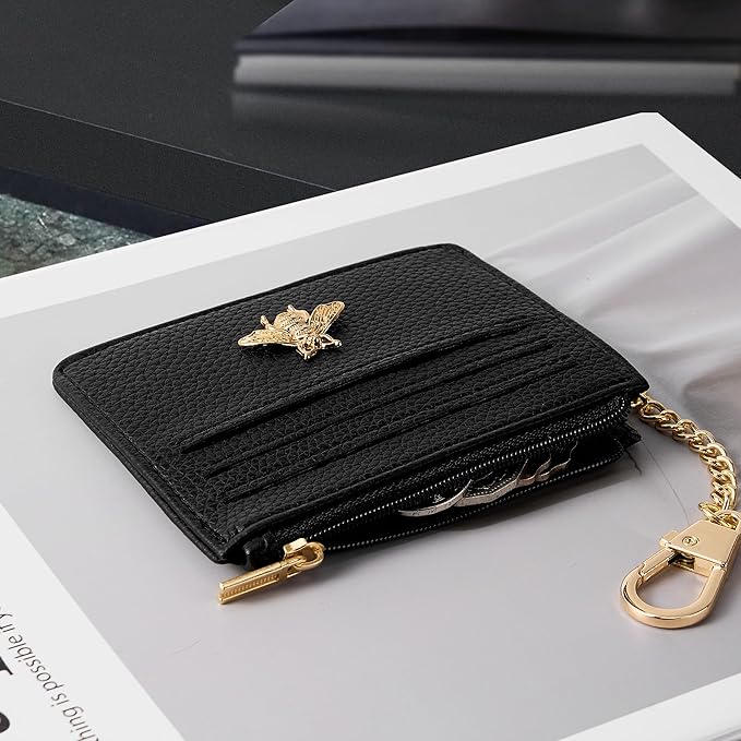SEAVILIA Card Holder Keychain Wallet for Women with ID Window RFID Blocking Coin Purse Bee Gifts Slim Minimalist Small PU Leather