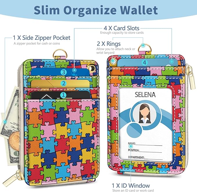 Lanyard Wallet with Id Badge Holder, Autism Awareness RFID Small Keychain Wallet Women Wristlet, Cute Zipper Credit Card Holder Phone Wrist Neck Strap for Key Name Tag, Student Office Gifts
