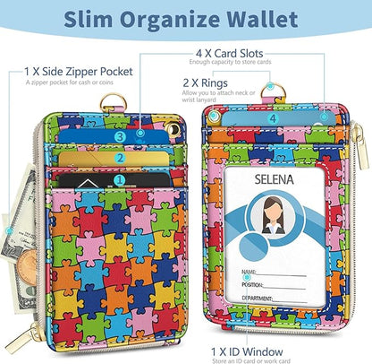 Lanyard Wallet with Id Badge Holder, Autism Awareness RFID Small Keychain Wallet Women Wristlet, Cute Zipper Credit Card Holder Phone Wrist Neck Strap for Key Name Tag, Student Office Gifts