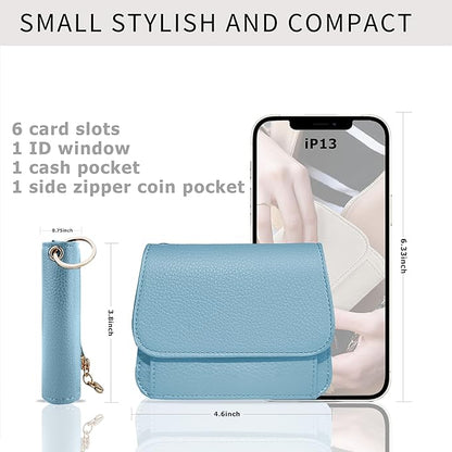 Women Small Wallet RFID Blocking Slim Wallet with Coin Pocket Tri-Fold Credit Card Holder with ID Window and Keychain (Blue)