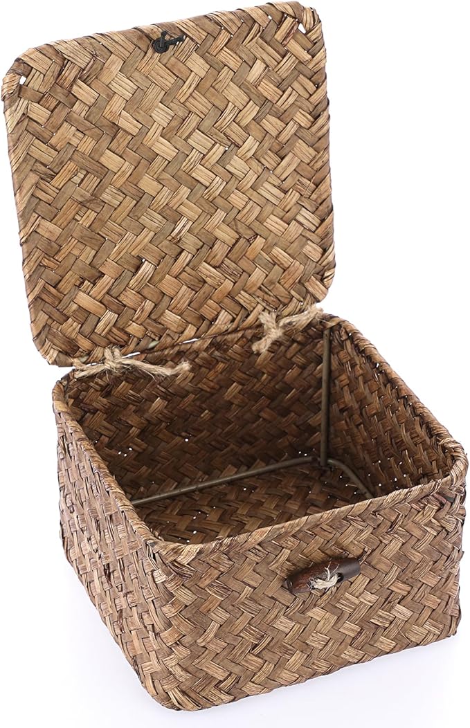 Hipiwe Seagrass Basket with Lid Wicker Storage Basket Square Handwoven Decorative Baskets Box for Shelf Multipurpose Household Baskets Home Decor,X-small