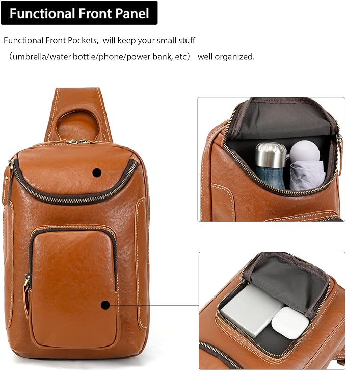 LANNSYNE Full Grain Leather Sling Bag For Men, Crossbody Chest Daypack Fits 10.5" iPad, Men’s Crossbody Bag