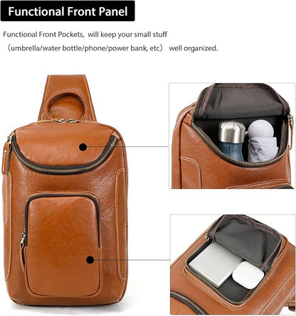 LANNSYNE Full Grain Leather Sling Bag For Men, Crossbody Chest Daypack Fits 10.5" iPad, Men’s Crossbody Bag