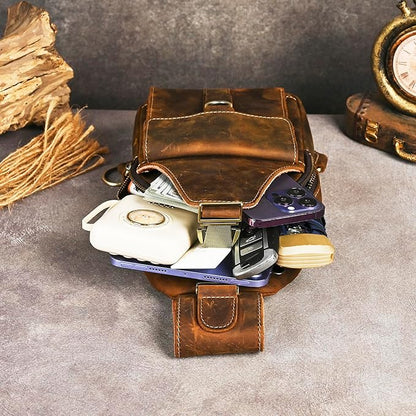 Genuine Leather Hiking Travel DayPack Sling Crossbody Triangle Chest Pack Bag For Men Women 8241 (Coffee 258204)