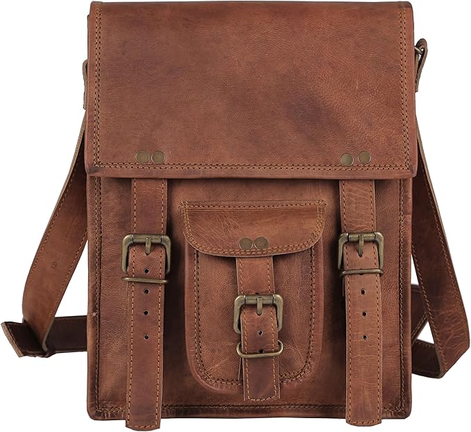 Leather crossbody bag messenger satchel tablet bag 11 inches for men and women (Brown)