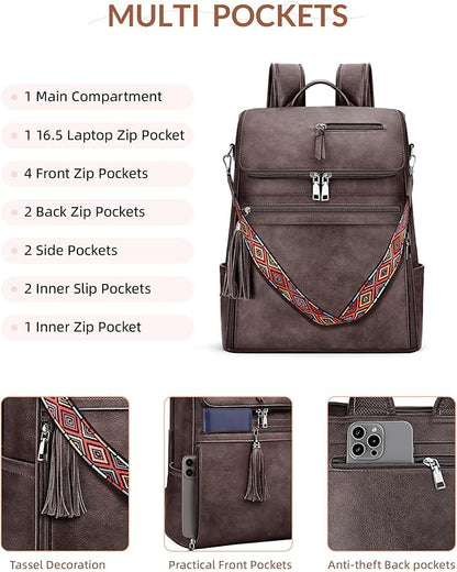 SYTRAH Leather Laptop Backpack for Women Designer Laptop Bag, 16.5 inch Travel Computer Backpacks Purse with Tassel for Work Business with Satchel Purse Dark Coffee