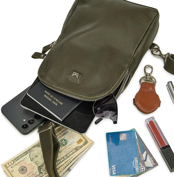 Leather Sling Bag for Women Genuine Crossbody Purse Small Trendy Cross Over Chest with Phone and Credit Card Slots (Olive Nappa)