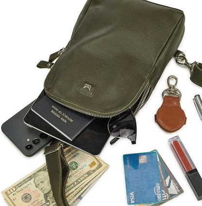 Leather Sling Bag for Women Genuine Crossbody Purse Small Trendy Cross Over Chest with Phone and Credit Card Slots (Olive Nappa)