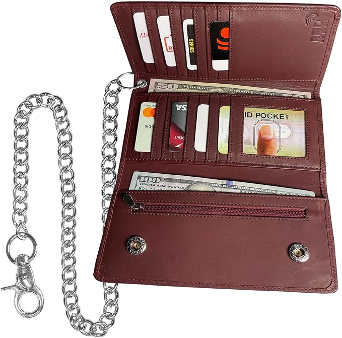 IBRO VINTAGE Motorcycle Chain Wallet for Men – Premium Cowhide Leather, RFID Tri-Fold Biker Wallet with Heavy Duty Chain for Bikers Truckers & Hunters, Credit Card Money Organizer Long Wallet | Long Trifold, RFID Blocking, Men's, Trucker Biker