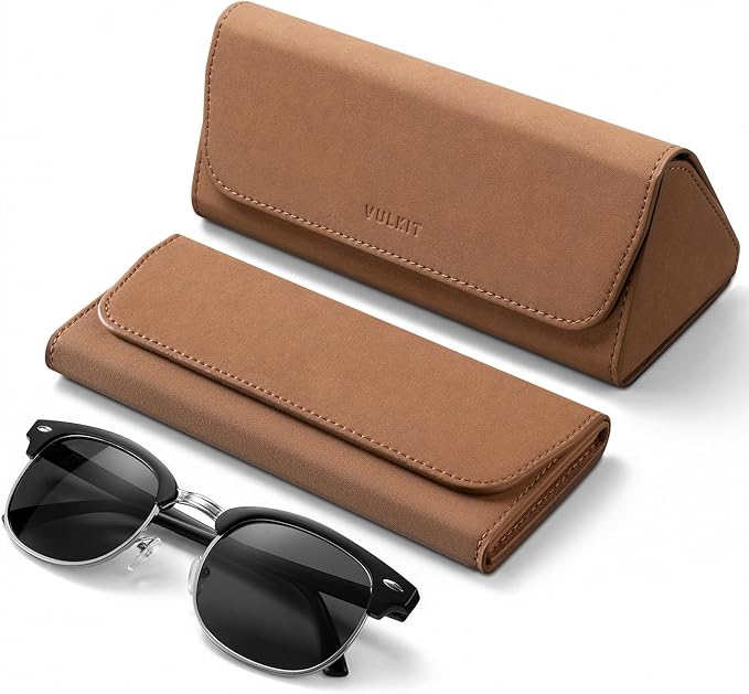 VULKIT Glasses Case, Foldable & Portable Design, Leather Hard Shell Folding Eyeglass Holder for Mens Womens
