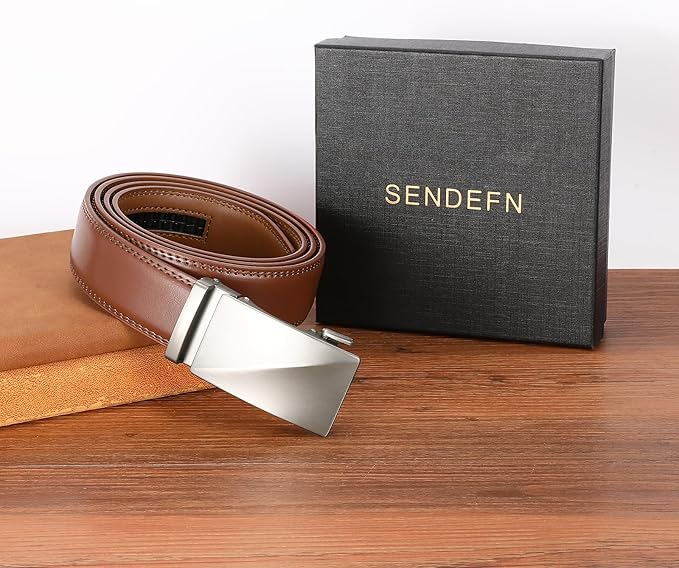 SENDEFN Men's Leather Belt - Automatic Ratchet Slide Buckle, Easy Trim-to-Fit Function, Packaged with Gift Box