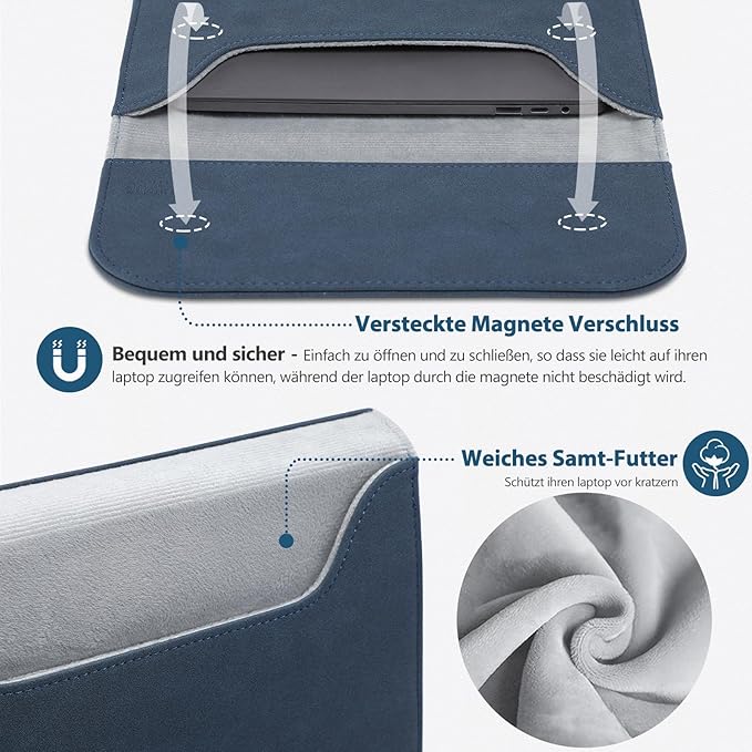 HYZUO 15 Inch Laptop Sleeve Case Bag for MacBook Air 15 M5 A3448 M4 A3241 M3 A3114 M2 A2941 2026-2023, 15" Surface Laptop 7/6/5/4/3, MacBook Pro 15 2019-2016, Faux Suede Leather, Navy Blue