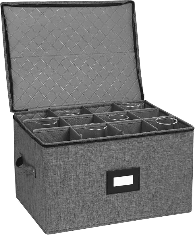 Mayniu Stemware Storage Containers, Wine Glass Storage Box with Adjustable Dividers – Hard Shell Top, Stackable for Glasses, Crystal & Glassware – Ideal for Packing, Moving & Home Organizer (Black)