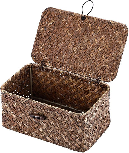 Hipiwe Handwoven Wicker Basket with Lid Desk Organizer for Remote Control Key Glass Coffee Color Seagrass Box for Decoration, 7.0"L x 4.3"W x 3.3"H