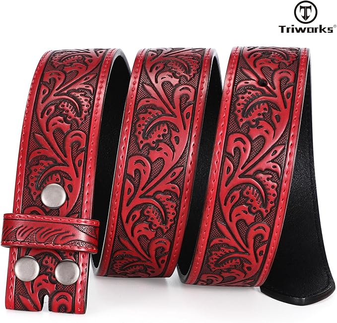 TRIWORKS Western Belt Strap for Men without Buckle 1.5" Wide Floral Engraved Embossed Leather Belt Strap