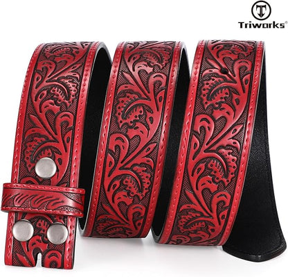 TRIWORKS Western Belt Strap for Men without Buckle 1.5" Wide Floral Engraved Embossed Leather Belt Strap