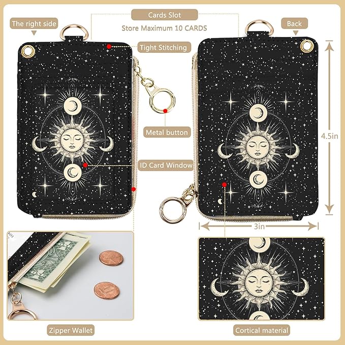 bolimoss Sun and Moon Badge Holder & Lanyard Wallet Removable Lanyards for Teacher Womens Wallet with Wristlet & Neck Lanyard, Clear Window, 5 Card Slots, Pocket,1 Side Zipper Pocket, Ring Keychain
