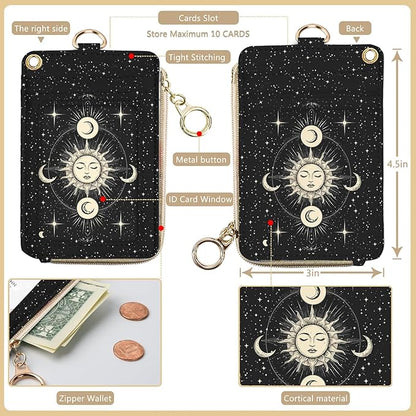 bolimoss Sun and Moon Badge Holder & Lanyard Wallet Removable Lanyards for Teacher Womens Wallet with Wristlet & Neck Lanyard, Clear Window, 5 Card Slots, Pocket,1 Side Zipper Pocket, Ring Keychain