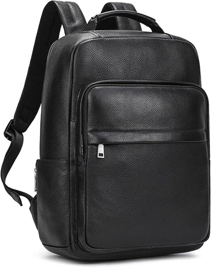 Durable Genuine Leather Backpack - 15.6 Inch Laptop Bag for Business Commute & Travel, Large Capacity Multi-Pocket Backpack for Men/Women, Black