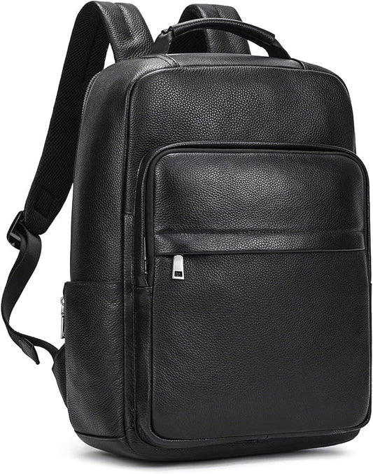 Durable Genuine Leather Backpack - 15.6 Inch Laptop Bag for Business Commute & Travel, Large Capacity Multi-Pocket Backpack for Men/Women, Black