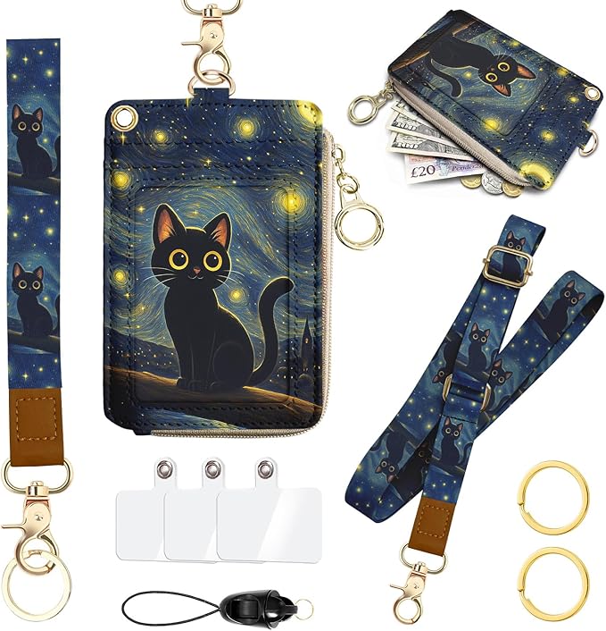 Black Cat Lanyard Wallet with ID Badge Holder, Small RFID Wallet Women Keychain Wristlet, PU Leather Credit Card Holder with Zipper Pocket Phone Lanyard Wrist Strap Teacher Nurse Office
