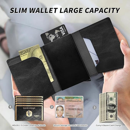 Minimalist Wallet for Men's Card Holders, Pop-Up Card Case Durable Wallets for Women, Leather Automatic Credit Card Holder with Metal Money Clip RFID Blocking Bifold Pocket, Book Flower