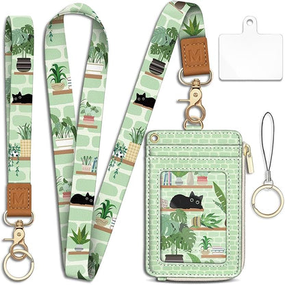 Cute Black Cat Lanyard Wallet with ID Badge Holder, Plant Shelf Small RFID Wallet Women Keychain Wristlet, Slim Credit Card Holder with Zipper Pocket Phone Lanyard Wrist Strap Name Tag Office Teacher