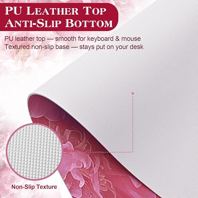 Desk Mat Desk Pad for Keyboard and Mouse, 31.5 x 15.7 in, Pink Peony Floral PU Leather Computer Protector, Non-Slip Base, Waterproof, Easy Clean for Office Gaming, Mouse Pad