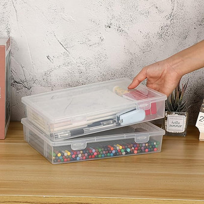 BTSKY Clear Plastic Storage Box with Flap Lid, Multipurpose Craft Organizers and Storage Box Art Supply Storage Organizer Plastic Sewing Box for Beads Pencils Notebooks, 4 Pack Medium