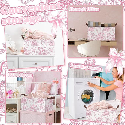 Boao 3 Pcs Pink Floral Foldable Storage Baskets Pink Hydrangea Laundry Basket with Handles Waterproof Storage Bins Fabric Shelf Baskets for Organizing Closet Clothes