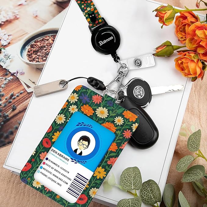bolimoss Black Cat Daisy Leather ID Badge Card Holder, Adjustable Landyard with Retractable Reel, Cute Flower Badge Holders with Metal Swivel Clasp, Detachable Safety Quick Release Buckles for Key