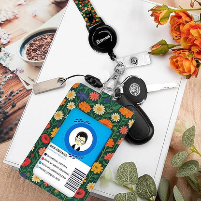bolimoss Black Cat Daisy Leather ID Badge Card Holder, Adjustable Landyard with Retractable Reel, Cute Flower Badge Holders with Metal Swivel Clasp, Detachable Safety Quick Release Buckles for Key