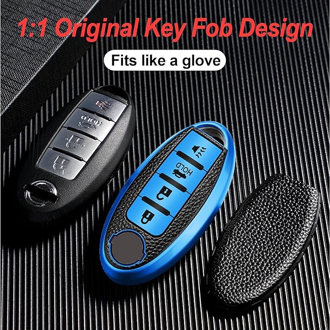 Montague Key Fob Cover for Nissan with Keychain Accessories, Premium Soft TPU Full Protection Key Case for Altima Rogue Sentra Maxima Pathfinder Frontier Titan Smart Key Shells (4-Buttons, Blue)