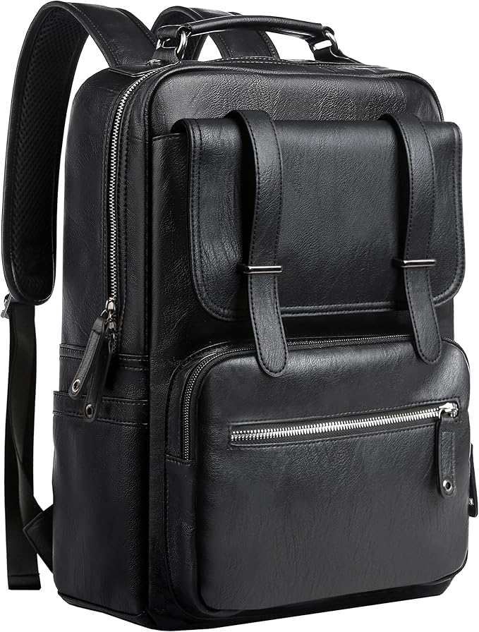 Leather Backpack Laptop 15.6 inch Lightweight Retro Business College Casual Travel Overnight Daypack Work backpack black Gift