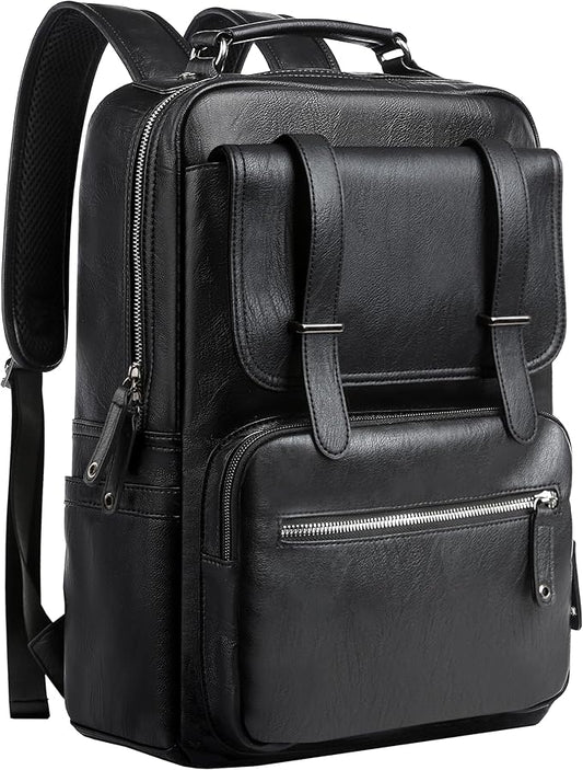 Leather Backpack Laptop 15.6 inch Lightweight Retro Business College Casual Travel Overnight Daypack Work backpack black Gift