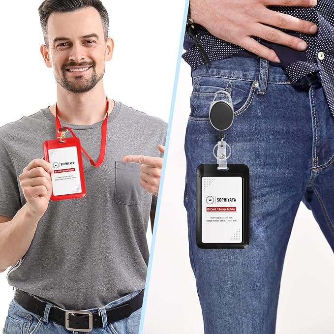 Badge Holder and Retractable Reel with Lanyard, Hard Plastic Key Card Work Badge Sleeve for Office School Factory Teacher Women Men (Red, Vertical)