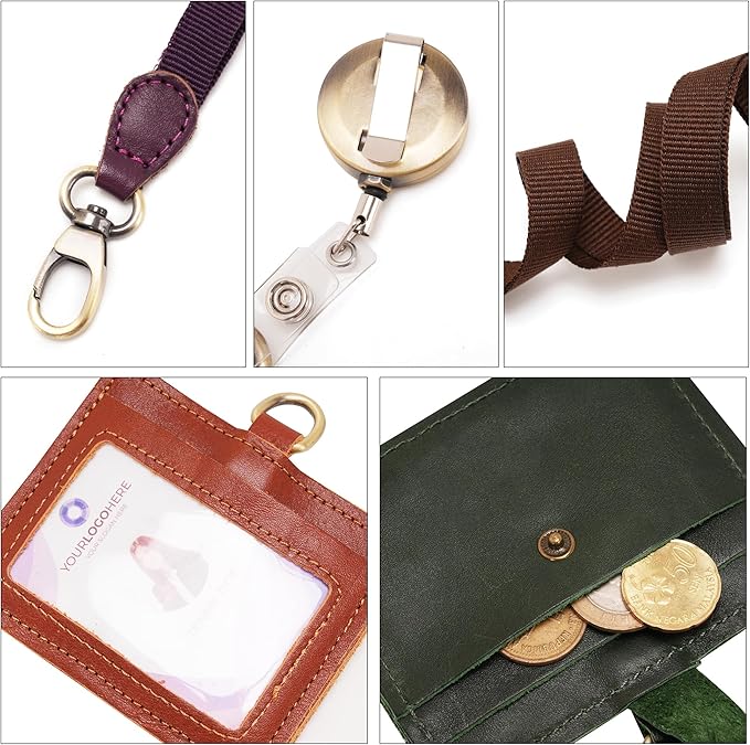 Wonderpool Leather Horizontal Badge Holder with Detachable Neck Lanyard and Retractable Badge Reel Clip, Card Slots Case ID Card Holder for ID Badges Card and Driver Licence (Brown)