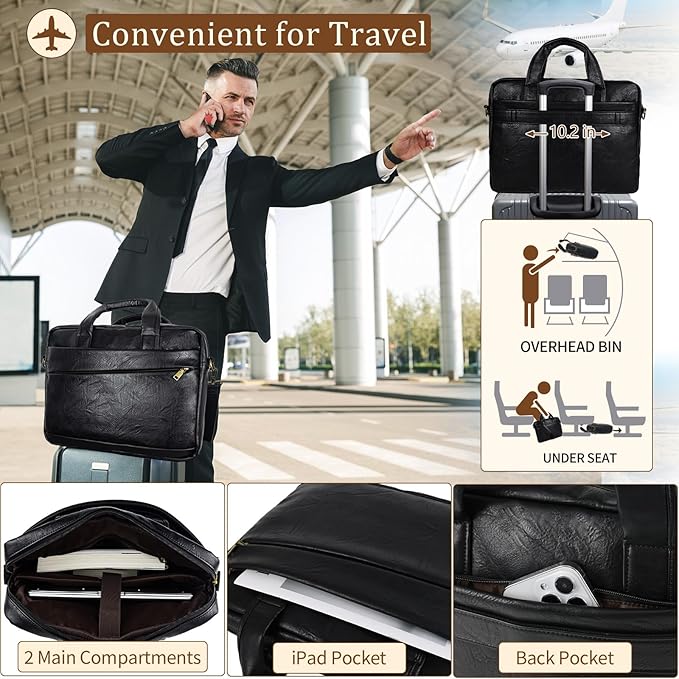 Stuery Faux Leather Messenger Bag for Men 15.6 Inch: Laptop Bag Briefcase Computer Handbags Shoulder Crossbody Bag with Padded Laptop Sleeve for Work College Travel, PU Black