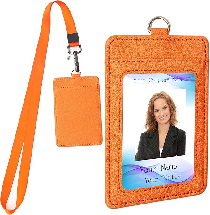 Leather Badge Holder with Adjustable Lanyards,Swivel Metal Clasp for Offices, Staff, Students, Employees (Orange)