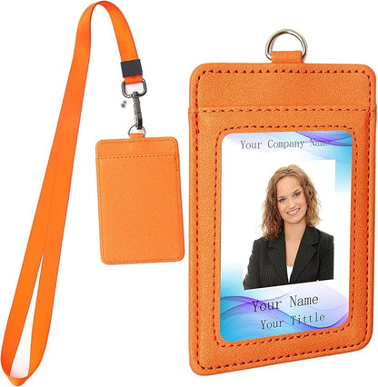Leather Badge Holder with Adjustable Lanyards,Swivel Metal Clasp for Offices, Staff, Students, Employees (Orange)