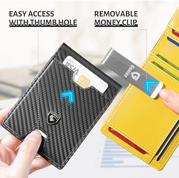 GSOIAX Men's Slim RFID Blocking Leather Wallet with Money Clip | Minimalist Carbon Fiber Bifold Credit Card Holder | 11 Card Slots | Gift Box Included(Carbon Yellow)