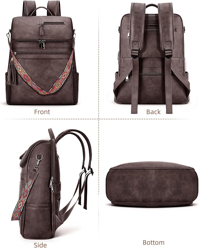 SYTRAH Leather Laptop Backpack for Women Designer Laptop Bag, 16.5 inch Travel Computer Backpacks Purse with Tassel for Work Business with Satchel Purse Dark Coffee