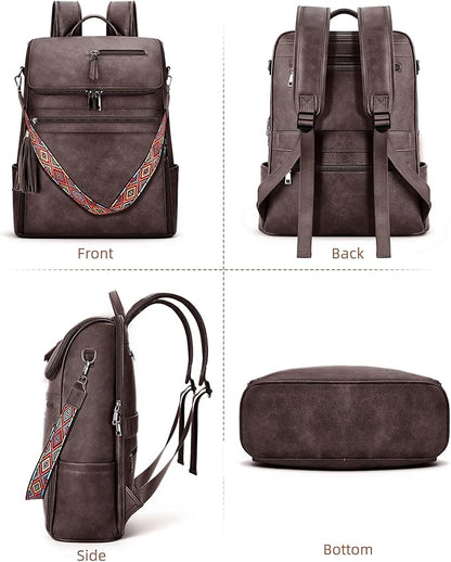 SYTRAH Leather Laptop Backpack for Women Designer Laptop Bag, 16.5 inch Travel Computer Backpacks Purse with Tassel for Work Business with Satchel Purse Dark Coffee