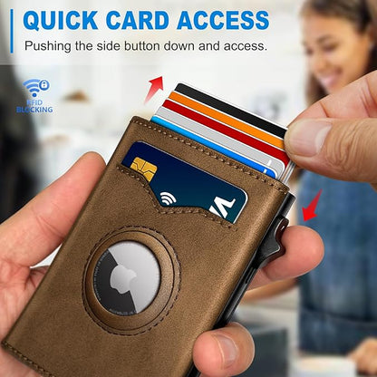 miyozi Airtag Wallet for Men,with Cash Pocket 2 ID Window 9-12 Cards,Metal Case Smart Slim Pop Up Credit Card Holder Flip with Magnetic Closure RFID Blocking Trifold wallet with Gift Box
