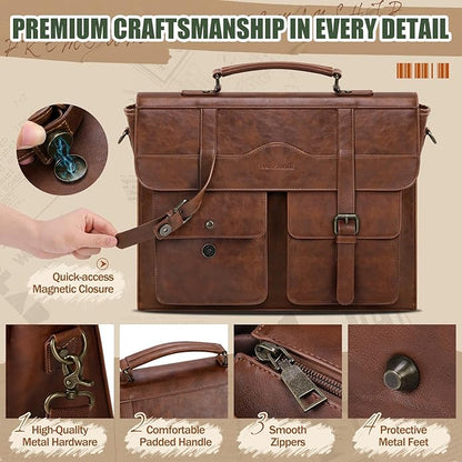 RAINSMORE Mens Messenger Bag 17 Inch Vintage Leather Laptop Briefcase Magnetic Closure Large Satchel Computer Shoulder Bag