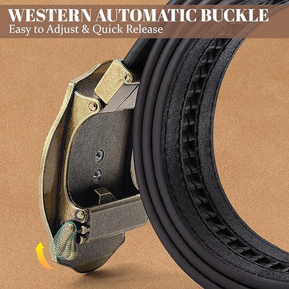 SANSTHS Western Cowboy Ratchet Belts for Men Women Leather Cowboy Belt with Automatic Western Buckle for Jeans Gifts