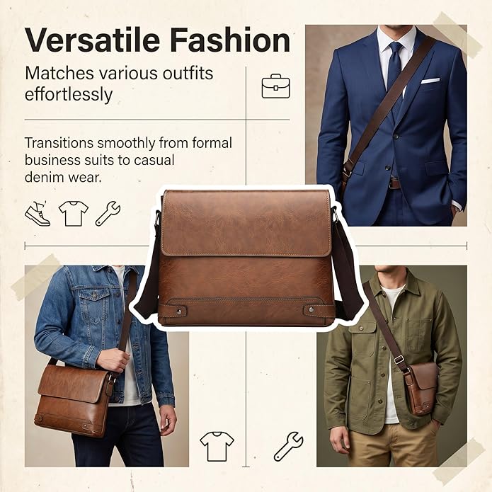 Vintage PU Leather Mens Messenger Bag - Slim Crossbody Shoulder Bag for Work, Travel & Daily Commute Casual Tablet Satchel