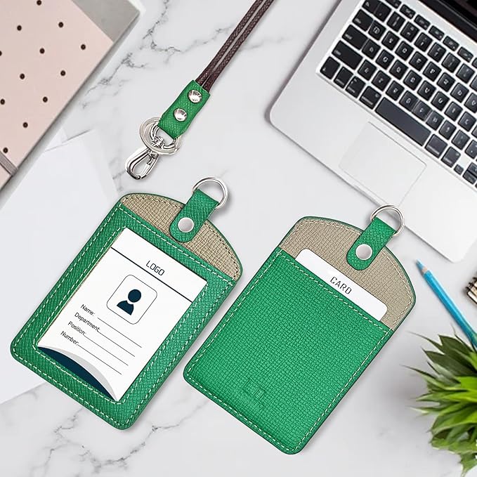 Badge Holder: Boshiho Cowhide Leather ID Badge Card Holder with 19" Neck Lanyard, Vertical Style (Green-Gray)